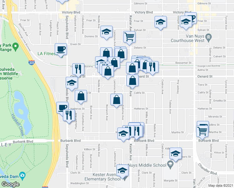 map of restaurants, bars, coffee shops, grocery stores, and more near 5856 Lemona Avenue in Los Angeles