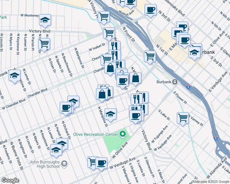 map of restaurants, bars, coffee shops, grocery stores, and more near 411 North Glenwood Place in Burbank