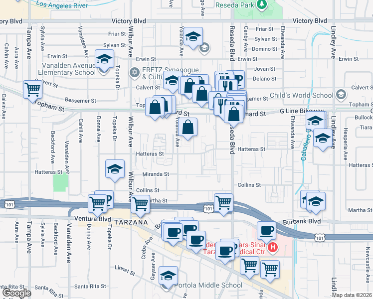 map of restaurants, bars, coffee shops, grocery stores, and more near 18645 Hatteras Street in Los Angeles