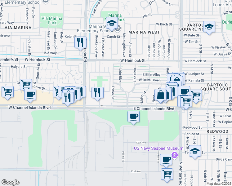 map of restaurants, bars, coffee shops, grocery stores, and more near 171 West Bowling Green in Port Hueneme