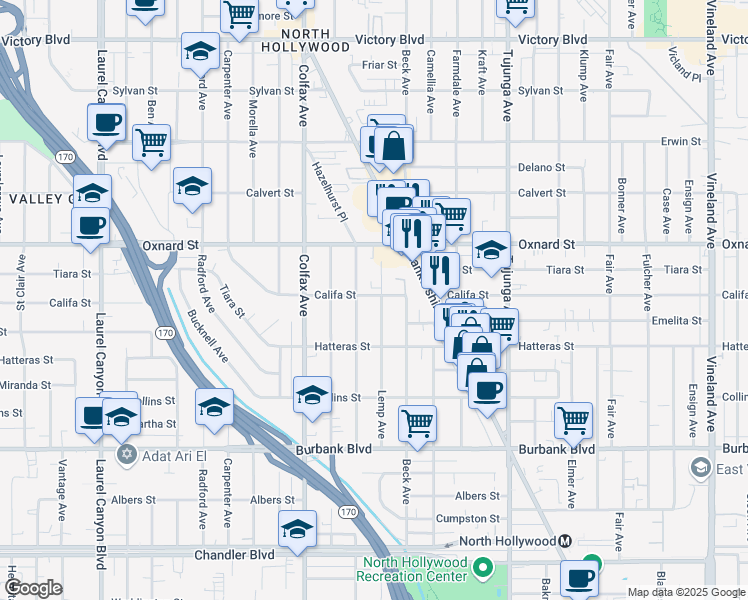 map of restaurants, bars, coffee shops, grocery stores, and more near 5859 Lemp Avenue in Los Angeles