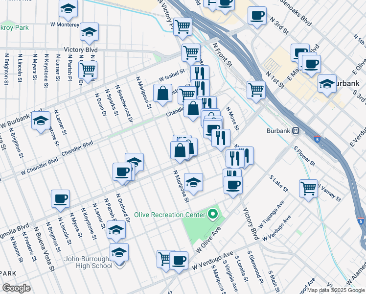 map of restaurants, bars, coffee shops, grocery stores, and more near 426 North Shelton Street in Burbank