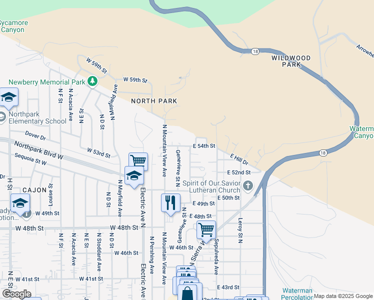 map of restaurants, bars, coffee shops, grocery stores, and more near 5394 North Sierra Road in San Bernardino
