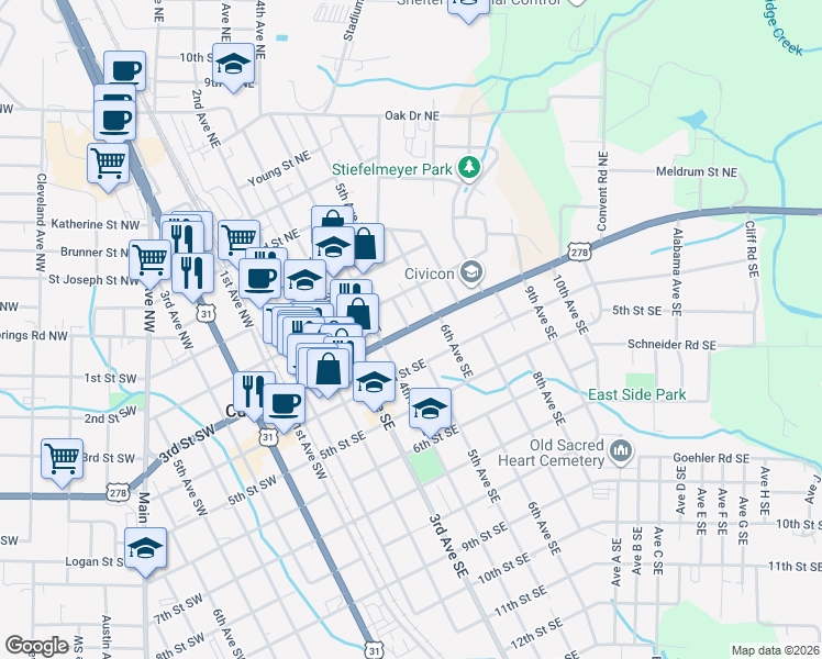 map of restaurants, bars, coffee shops, grocery stores, and more near 405 3rd Street in Cullman