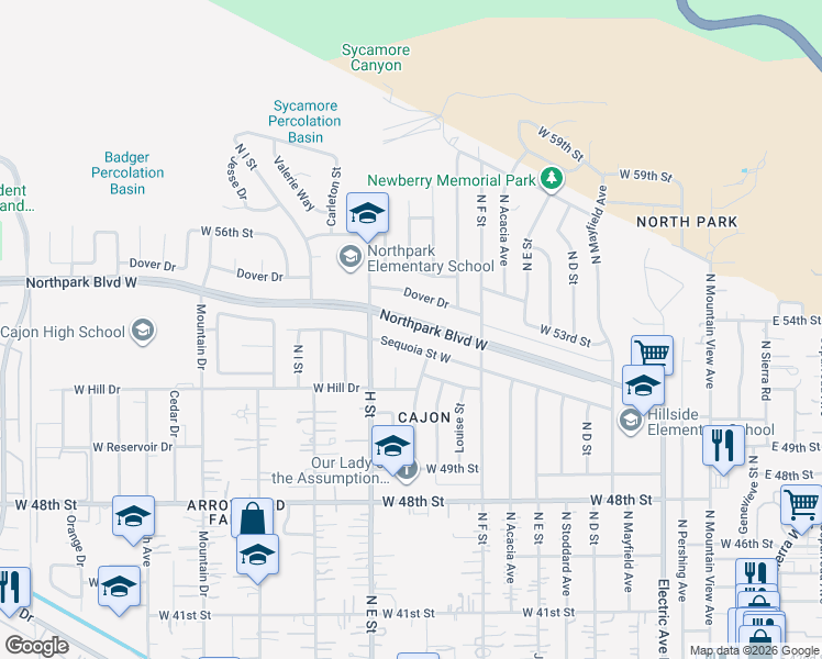 map of restaurants, bars, coffee shops, grocery stores, and more near 725 Northpark Boulevard West in San Bernardino