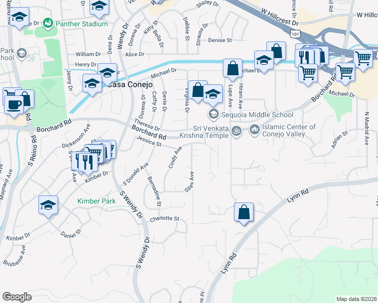 map of restaurants, bars, coffee shops, grocery stores, and more near 2913 Mary Court in Thousand Oaks