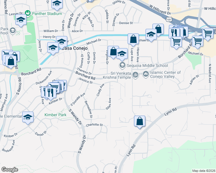 map of restaurants, bars, coffee shops, grocery stores, and more near 2913 Mary Court in Thousand Oaks