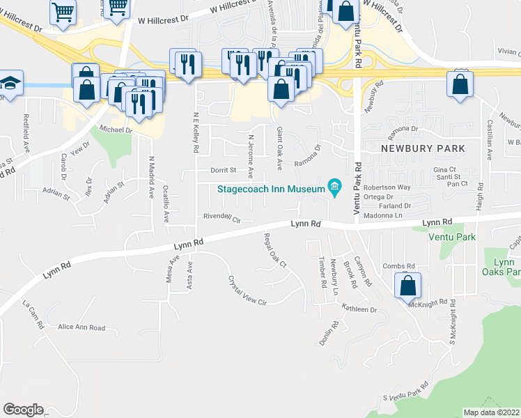map of restaurants, bars, coffee shops, grocery stores, and more near 79 South Ellis Place in Thousand Oaks