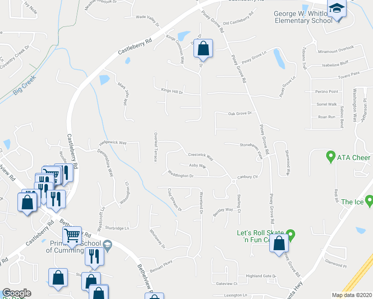map of restaurants, bars, coffee shops, grocery stores, and more near 5870 Crestwick Way in Cumming