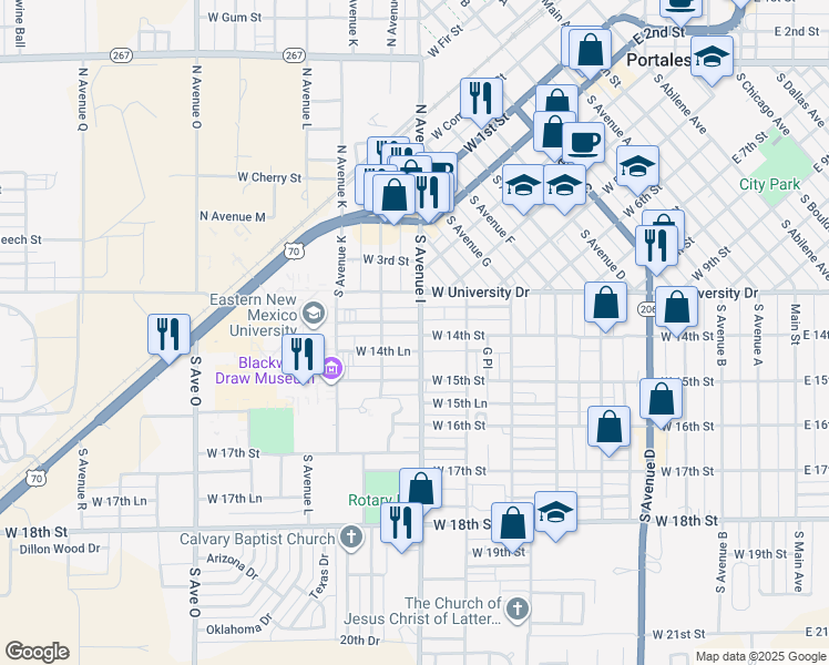 map of restaurants, bars, coffee shops, grocery stores, and more near 1404 South Avenue I in Portales