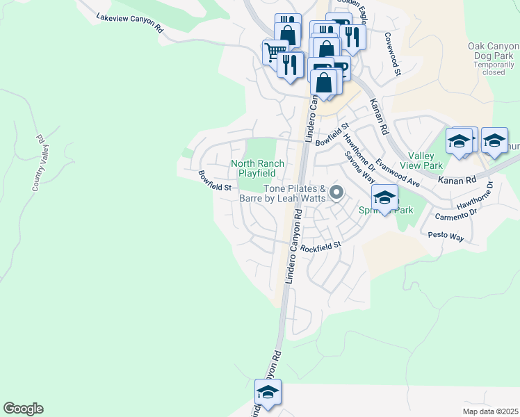 map of restaurants, bars, coffee shops, grocery stores, and more near 5688 Tanner Ridge Avenue in Westlake Village