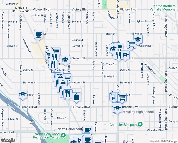 map of restaurants, bars, coffee shops, grocery stores, and more near 11222 Califa Street in Los Angeles
