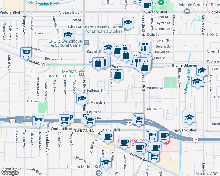 map of restaurants, bars, coffee shops, grocery stores, and more near 15 Yolanda Avenue in Los Angeles