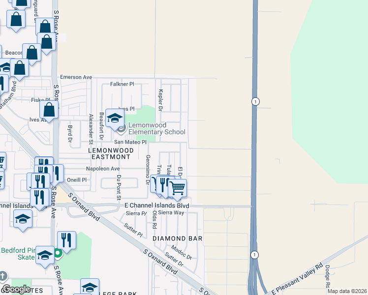 map of restaurants, bars, coffee shops, grocery stores, and more near 2340 El Dorado Avenue in Oxnard