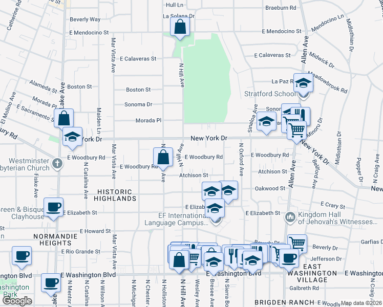 map of restaurants, bars, coffee shops, grocery stores, and more near 1445 East Woodbury Road in Pasadena
