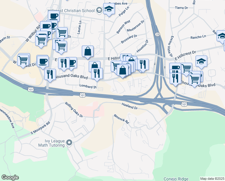 map of restaurants, bars, coffee shops, grocery stores, and more near 75 Long Court in Thousand Oaks