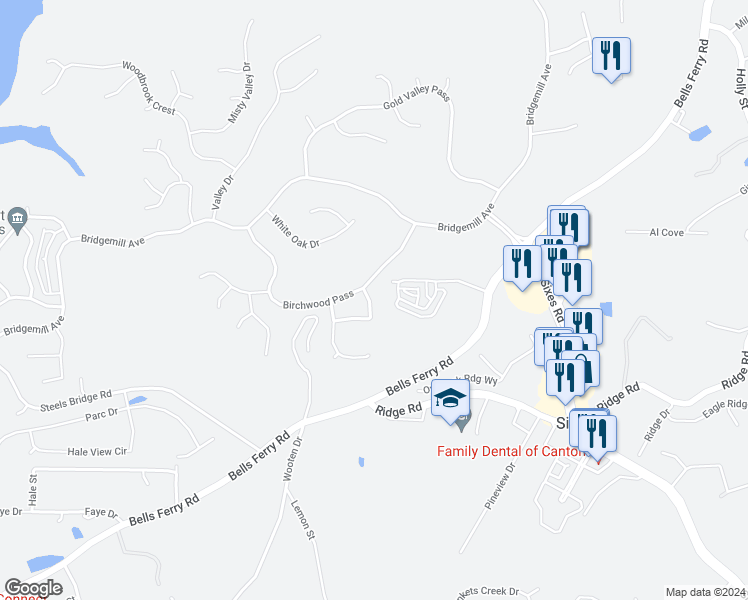 map of restaurants, bars, coffee shops, grocery stores, and more near 203 Evergreen Trce in Canton