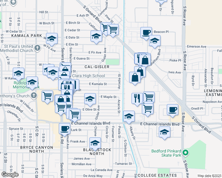 map of restaurants, bars, coffee shops, grocery stores, and more near 605 East Laurel Street in Oxnard