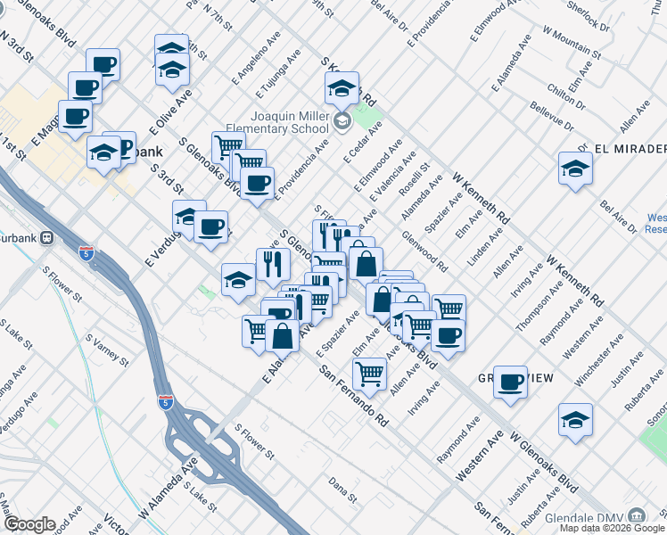 map of restaurants, bars, coffee shops, grocery stores, and more near 906 South Glenoaks Boulevard in Burbank