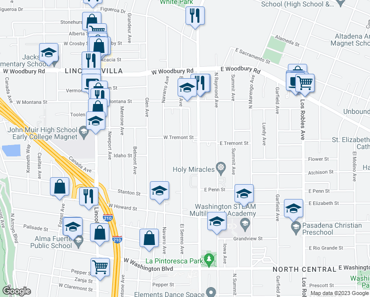 map of restaurants, bars, coffee shops, grocery stores, and more near 1842 El Sereno Avenue in Pasadena