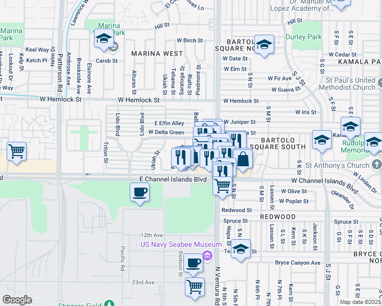 map of restaurants, bars, coffee shops, grocery stores, and more near 2520 Madera Circle in Port Hueneme