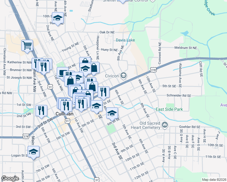 map of restaurants, bars, coffee shops, grocery stores, and more near 305 6th Avenue Southeast in Cullman
