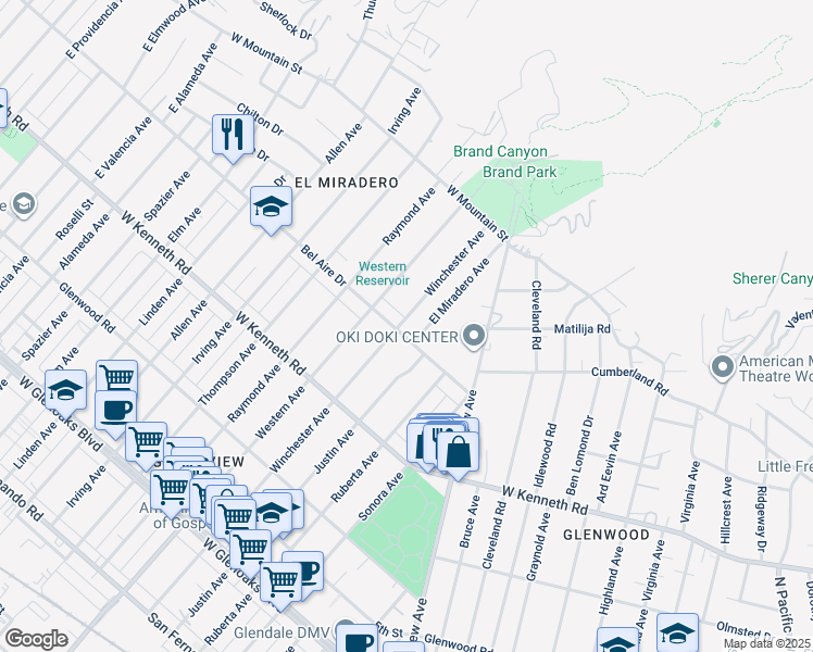 map of restaurants, bars, coffee shops, grocery stores, and more near 1625 Bel Aire Drive in Glendale
