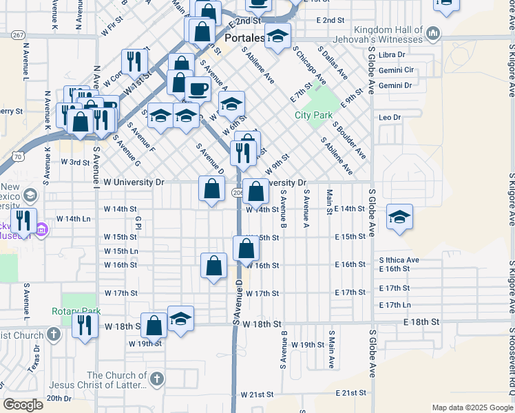 map of restaurants, bars, coffee shops, grocery stores, and more near 1330 South Avenue C in Portales