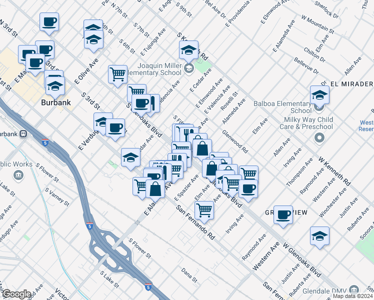 map of restaurants, bars, coffee shops, grocery stores, and more near 910 South Glenoaks Boulevard in Burbank