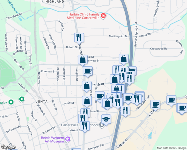 map of restaurants, bars, coffee shops, grocery stores, and more near 415 Mary Street in Cartersville