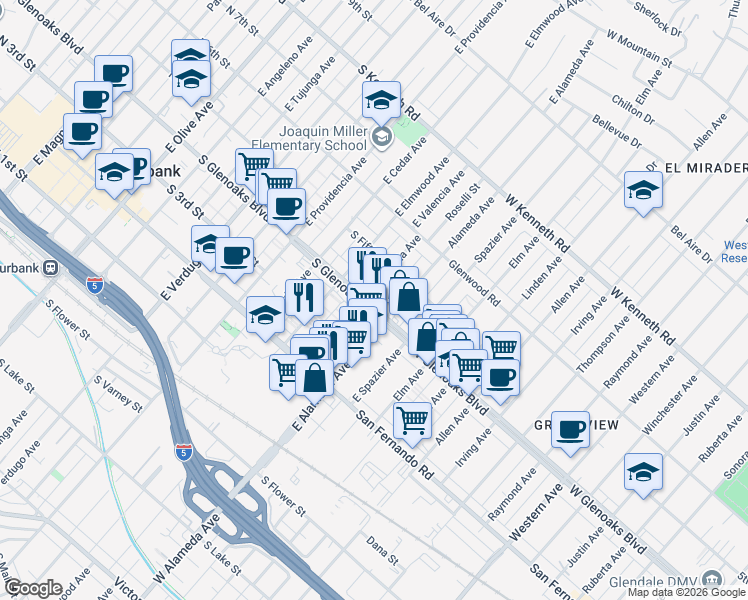 map of restaurants, bars, coffee shops, grocery stores, and more near 906 South Glenoaks Boulevard in Burbank