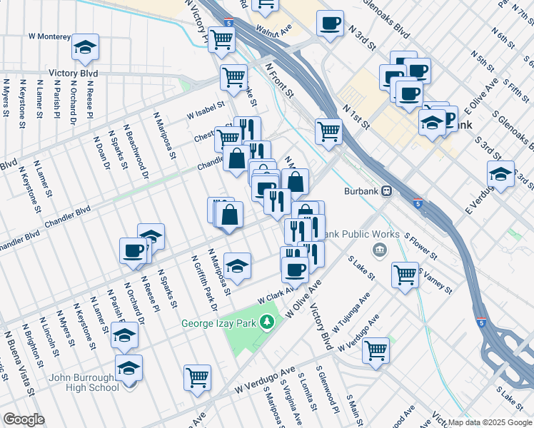 map of restaurants, bars, coffee shops, grocery stores, and more near 401 North Victory Boulevard in Burbank