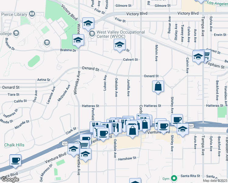 map of restaurants, bars, coffee shops, grocery stores, and more near 5901 Oakdale Avenue in Los Angeles