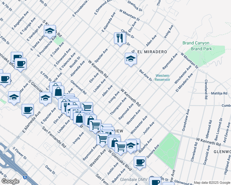 map of restaurants, bars, coffee shops, grocery stores, and more near 1265 Irving Avenue in Glendale