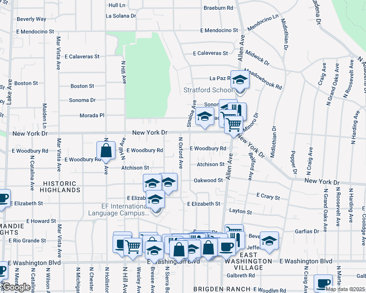 map of restaurants, bars, coffee shops, grocery stores, and more near 1655 East Woodbury Road in Pasadena