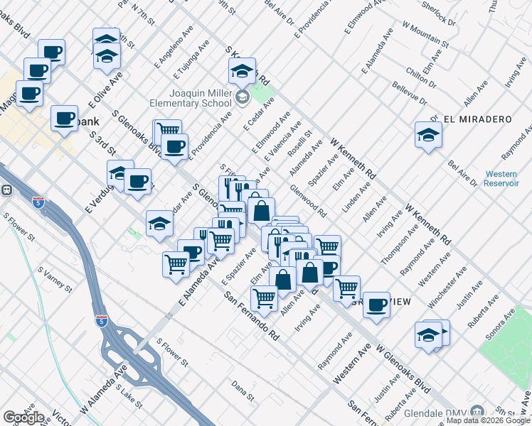 map of restaurants, bars, coffee shops, grocery stores, and more near 2050 5th Street in Glendale