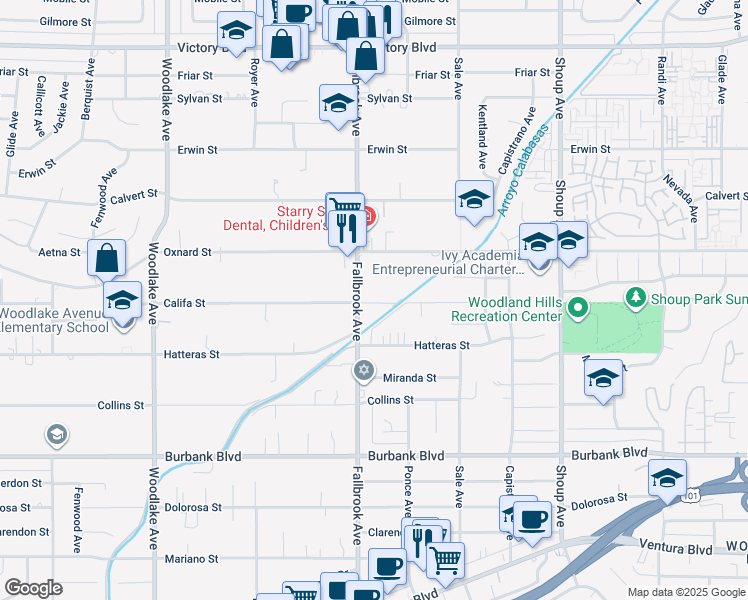 map of restaurants, bars, coffee shops, grocery stores, and more near 22745 Califa Street in Los Angeles