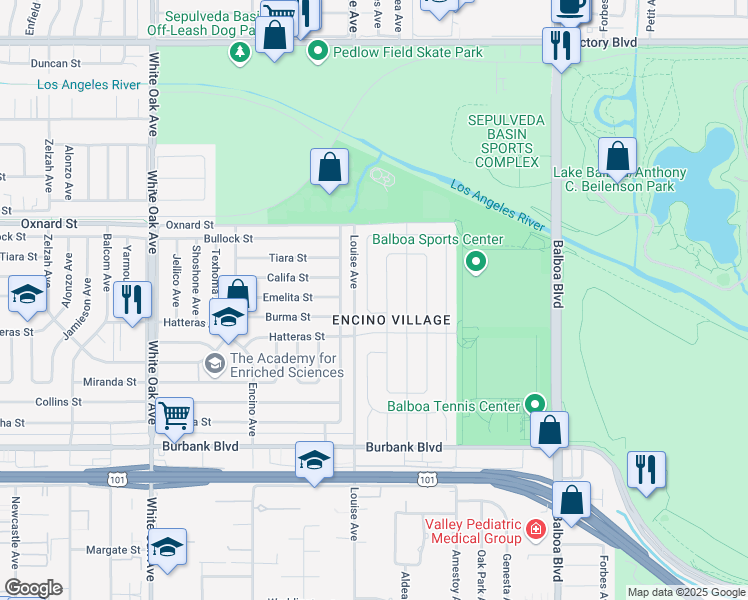 map of restaurants, bars, coffee shops, grocery stores, and more near 5864 Babbitt Avenue in Los Angeles
