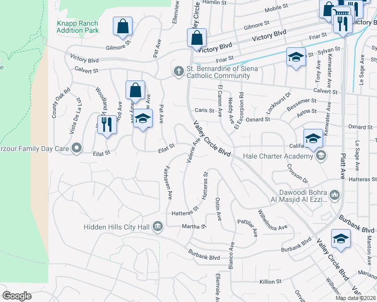 map of restaurants, bars, coffee shops, grocery stores, and more near 5901 Valerie Avenue in Los Angeles