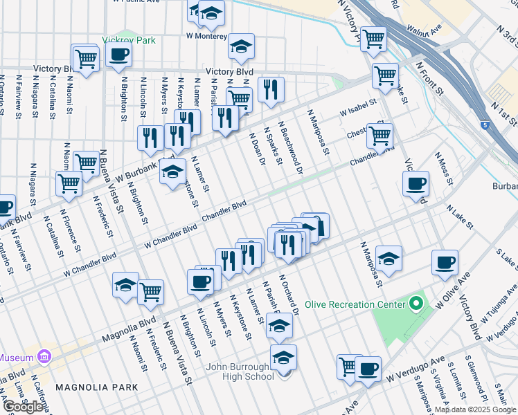 map of restaurants, bars, coffee shops, grocery stores, and more near 738 North Orchard Drive in Burbank