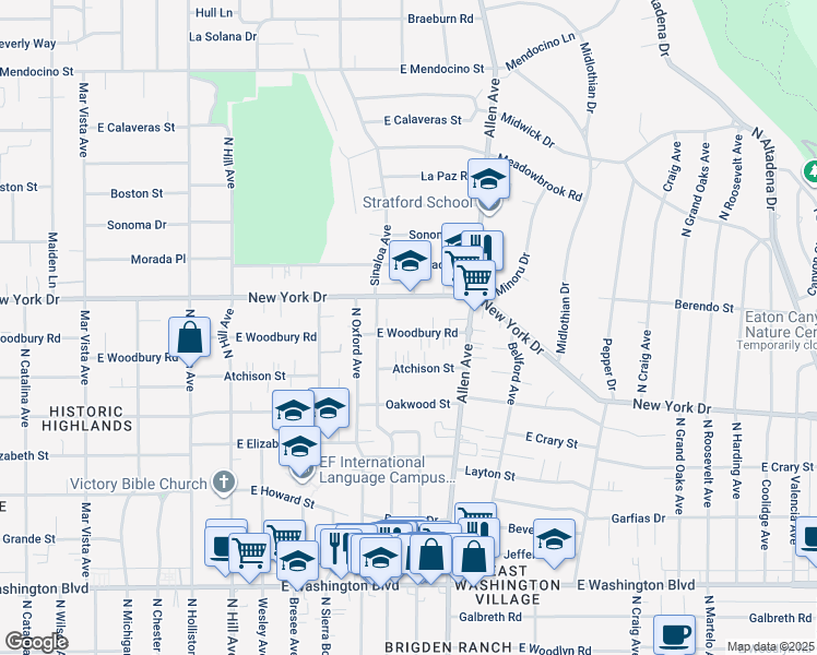 map of restaurants, bars, coffee shops, grocery stores, and more near 1747 East Woodbury Road in Pasadena