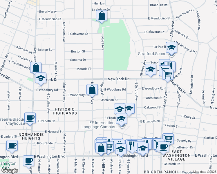map of restaurants, bars, coffee shops, grocery stores, and more near 1451 East Woodbury Road in Pasadena