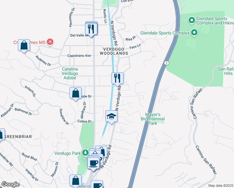 map of restaurants, bars, coffee shops, grocery stores, and more near 2004 North Verdugo Road in Glendale