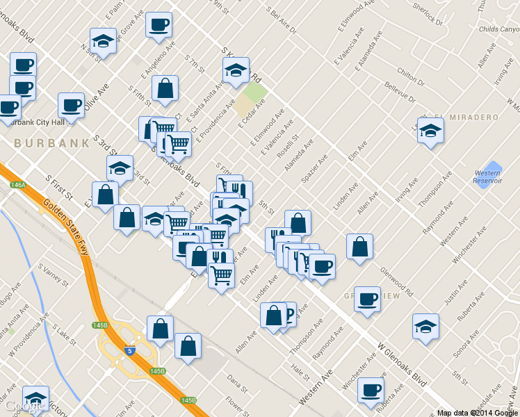 map of restaurants, bars, coffee shops, grocery stores, and more near 2050 5th Street in Glendale
