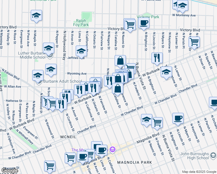 map of restaurants, bars, coffee shops, grocery stores, and more near 2829 West Burbank Boulevard in Burbank