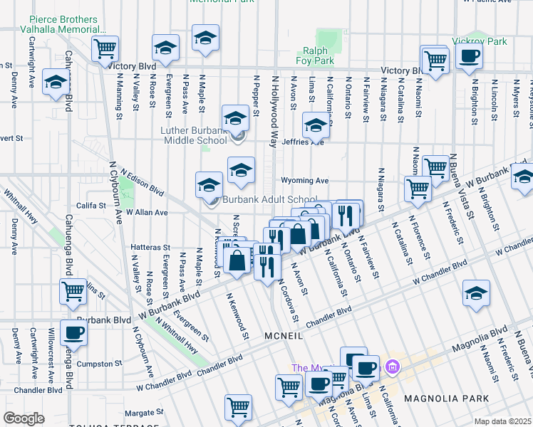 map of restaurants, bars, coffee shops, grocery stores, and more near 1600 North Pepper Street in Burbank
