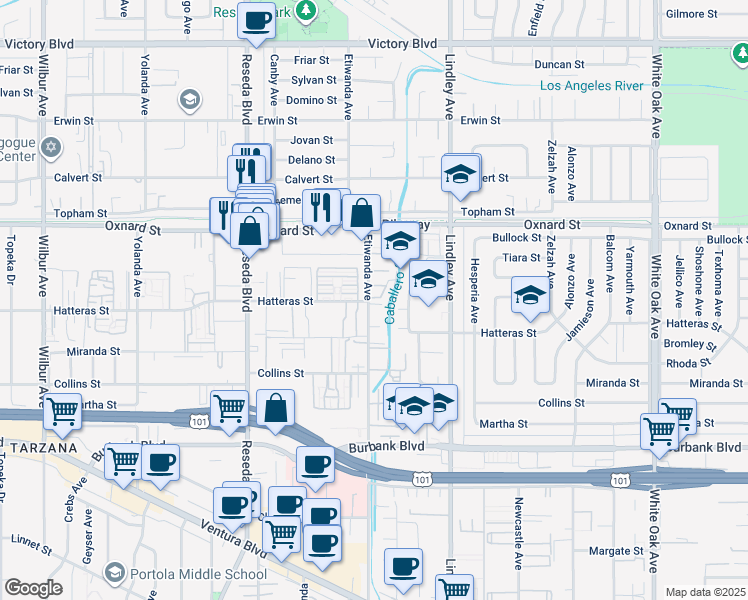 map of restaurants, bars, coffee shops, grocery stores, and more near 18211 Emelita Street in Los Angeles