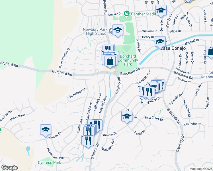 map of restaurants, bars, coffee shops, grocery stores, and more near 41 Maynard Avenue in Thousand Oaks
