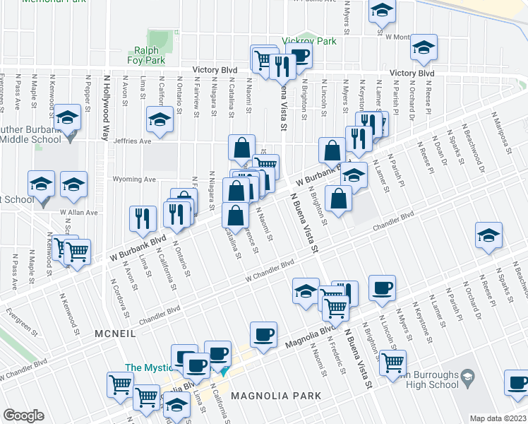 map of restaurants, bars, coffee shops, grocery stores, and more near 1132 North Naomi Street in Burbank