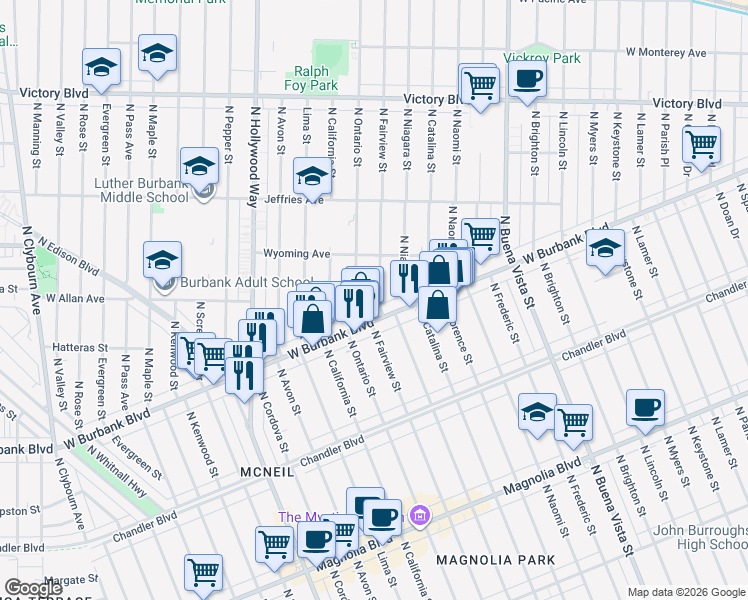 map of restaurants, bars, coffee shops, grocery stores, and more near 1315 North Fairview Street in Burbank